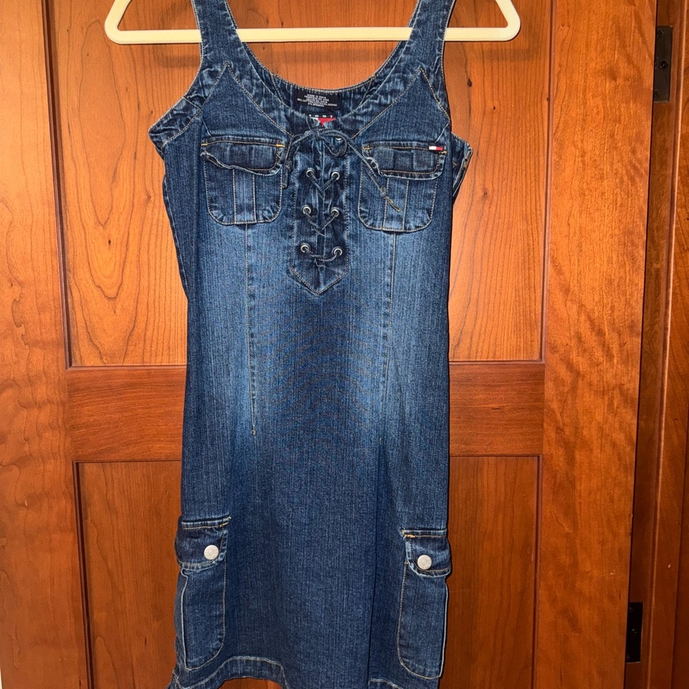 Denim Vintage Y2K Tommy Hilfiger Sleeveless Dress with Lace-Up Front